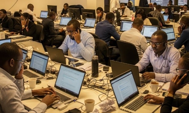 Image of journalists in a newsroom courtesy of Artificial Intelligence (AI).